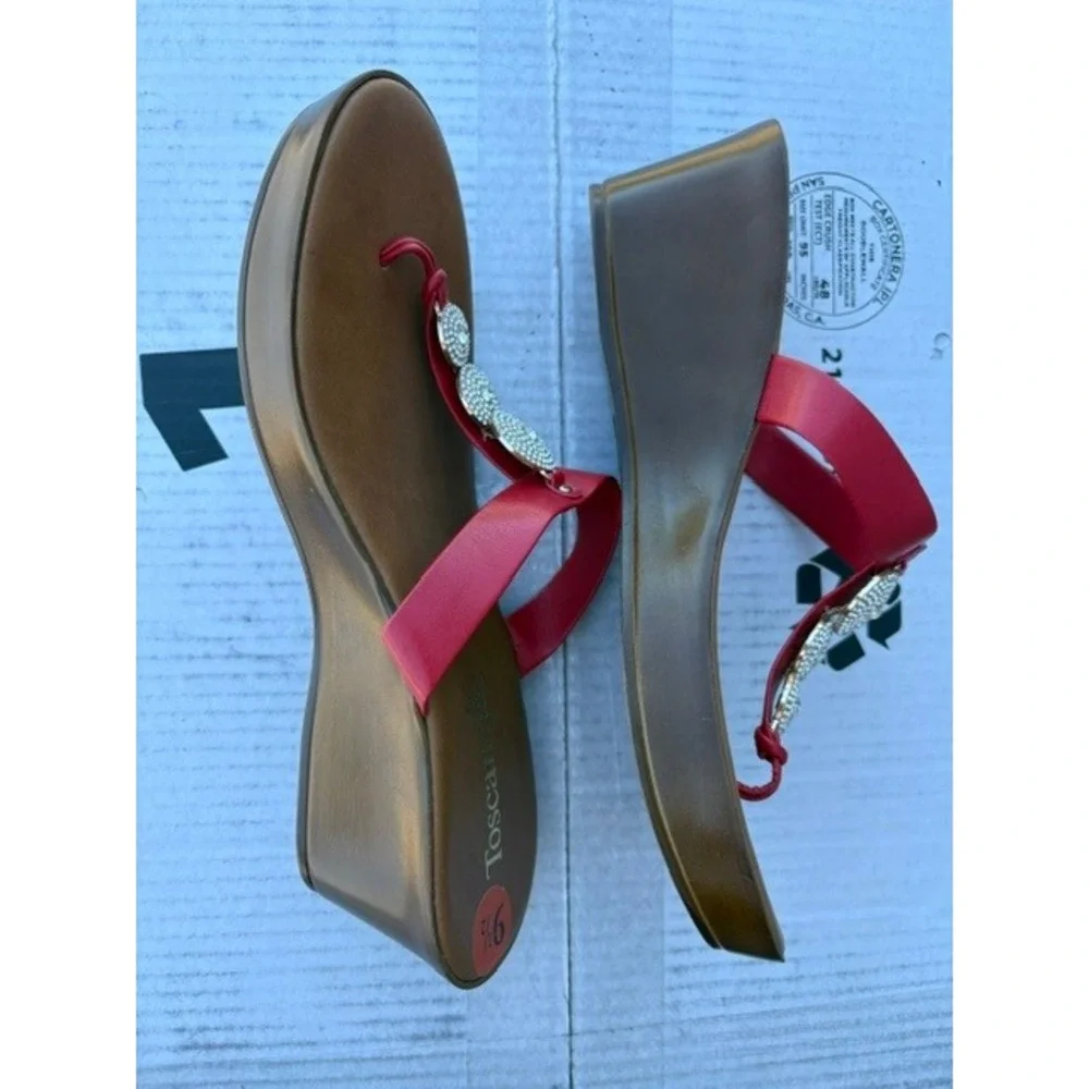 Toscanella Red Italian Leather Wedge Sandals Rhinestone Medallion Womens 9.5